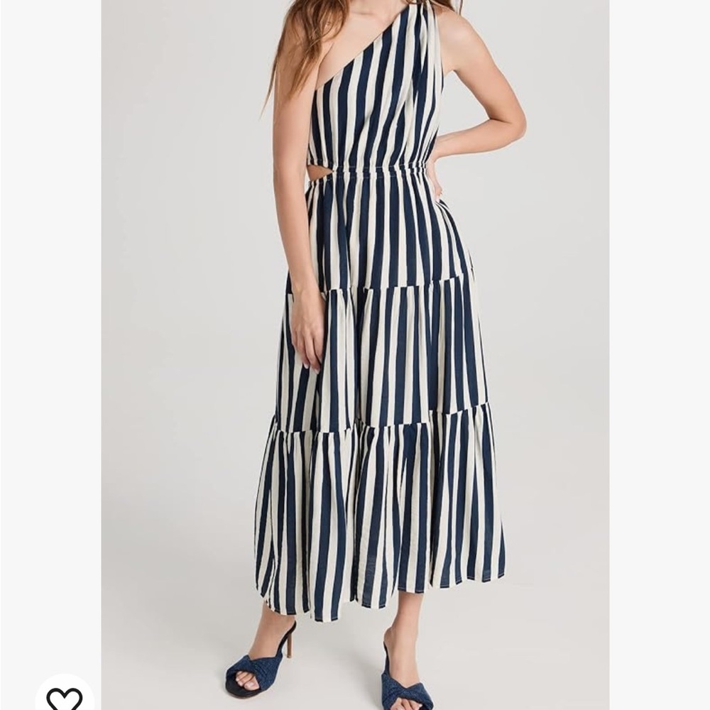 MOON RIVER Women's One Shoulder Cut-Out Tiered Shirred Midi Dress, Navy & White